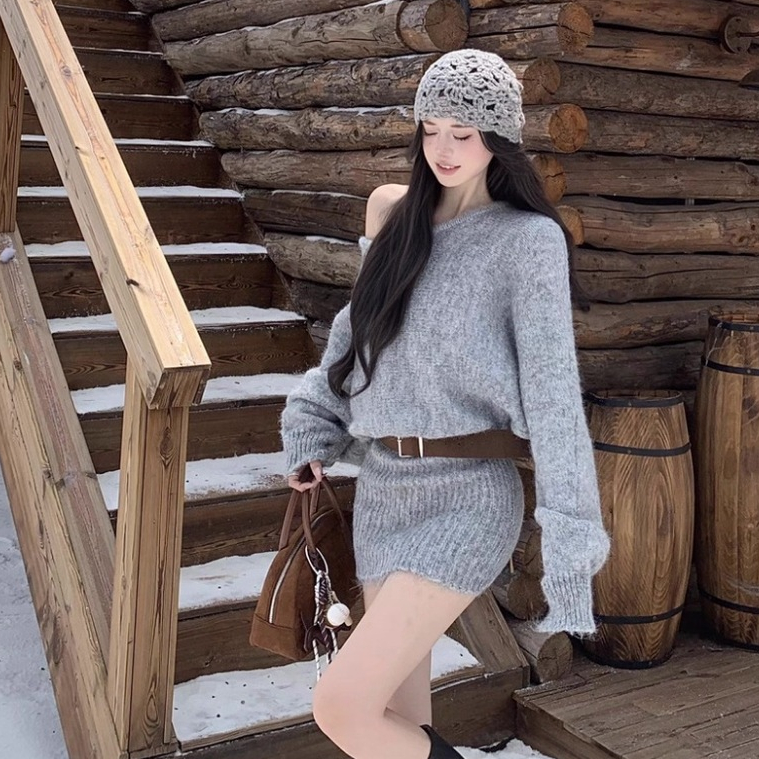 Váy len nữ lệch vai dáng thụng kèm ĐAI phong cách ulzzang Hàn Quốc 24Feb.studio VVN0017 | BigBuy360 - bigbuy360.vn