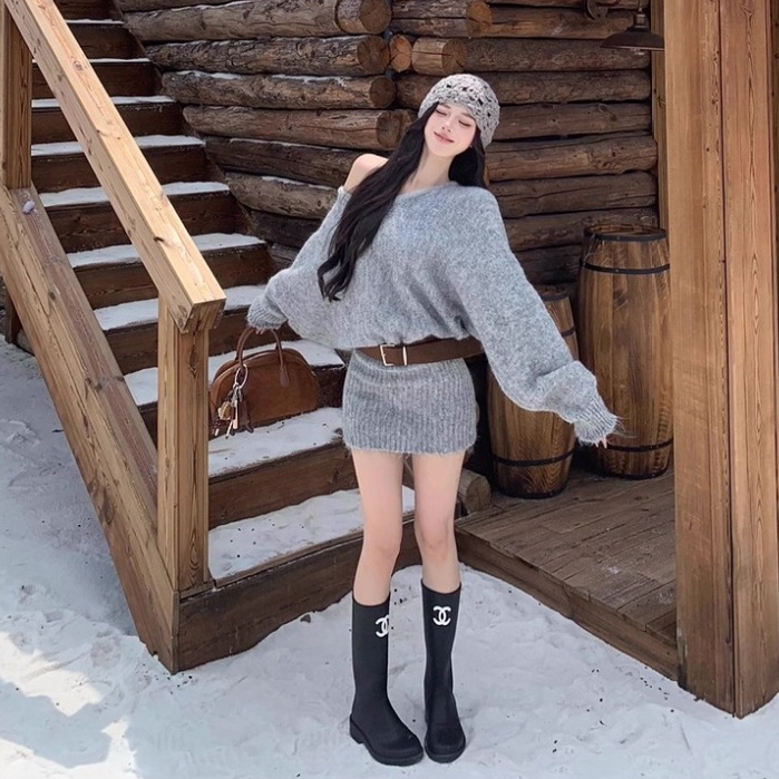 Váy len nữ lệch vai dáng thụng kèm ĐAI phong cách ulzzang Hàn Quốc 24Feb.studio VVN0017 | BigBuy360 - bigbuy360.vn