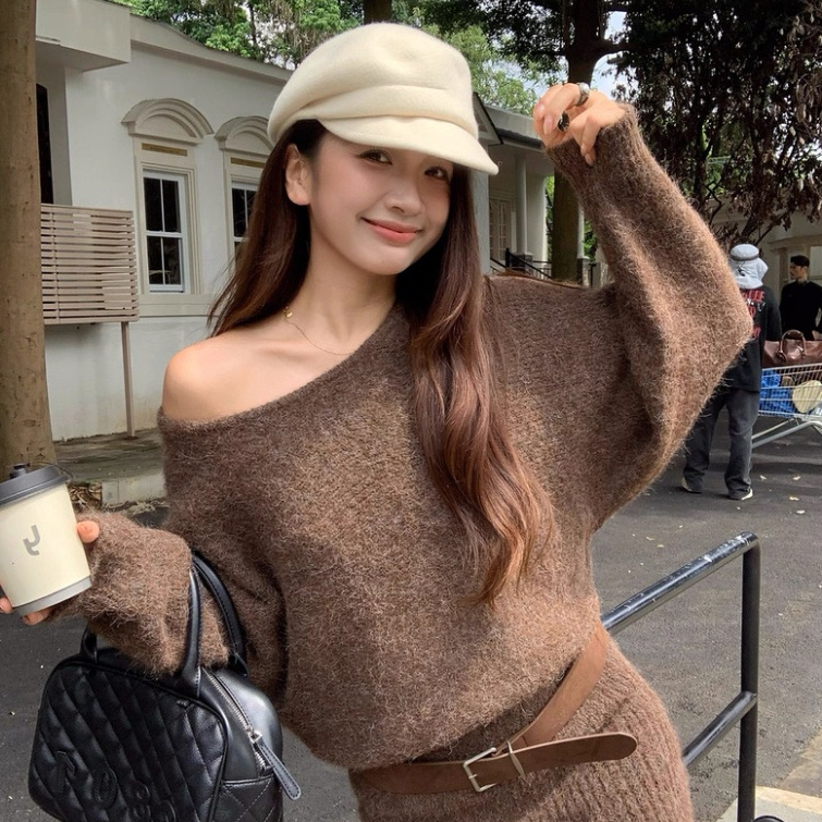 Váy len nữ lệch vai dáng thụng kèm ĐAI phong cách ulzzang Hàn Quốc 24Feb.studio VVN0017 | BigBuy360 - bigbuy360.vn