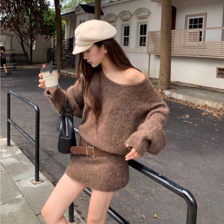 Váy len nữ lệch vai dáng thụng kèm ĐAI phong cách ulzzang Hàn Quốc 24Feb.studio VVN0017 | BigBuy360 - bigbuy360.vn