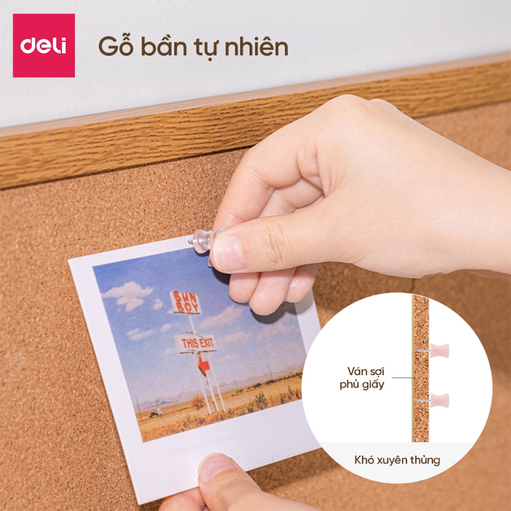 Bảng Ghim Gỗ Bần Tặng Kèm Phụ Kiện Deli Bảng Tin Lớp Học Văn Phòng Treo Ảnh Decor Tường Đa Năng Nhiều Kích Thước