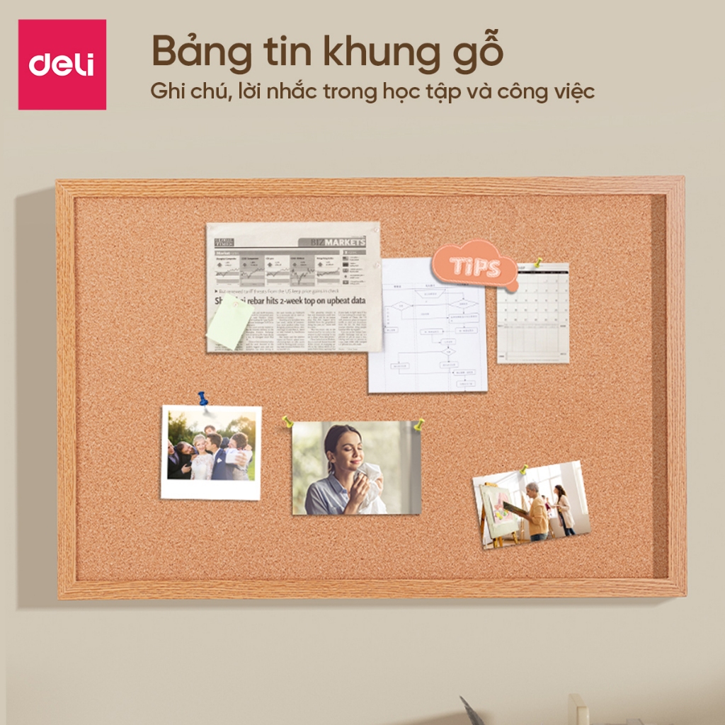Bảng Ghim Gỗ Bần Tặng Kèm Phụ Kiện Deli Bảng Tin Lớp Học Văn Phòng Treo Ảnh Decor Tường Đa Năng Nhiều Kích Thước