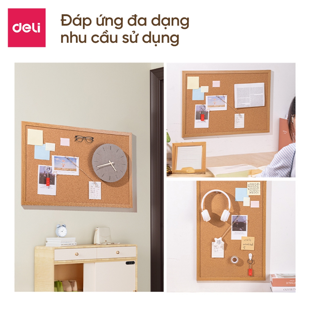 Bảng Ghim Gỗ Bần Tặng Kèm Phụ Kiện Deli Bảng Tin Lớp Học Văn Phòng Treo Ảnh Decor Tường Đa Năng Nhiều Kích Thước