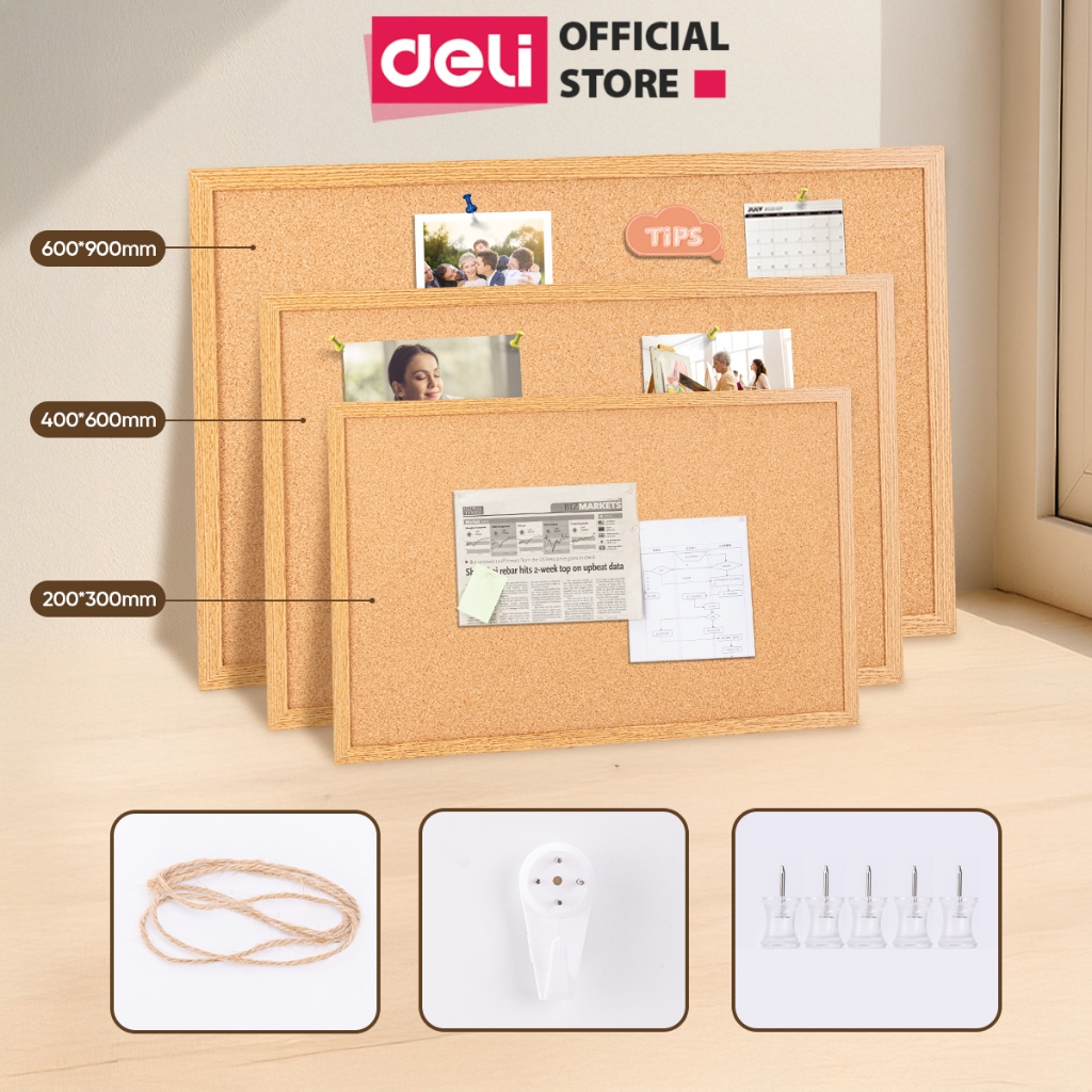 Bảng Ghim Gỗ Bần Tặng Kèm Phụ Kiện Deli Bảng Tin Lớp Học Văn Phòng Treo Ảnh Decor Tường Đa Năng Nhiều Kích Thước