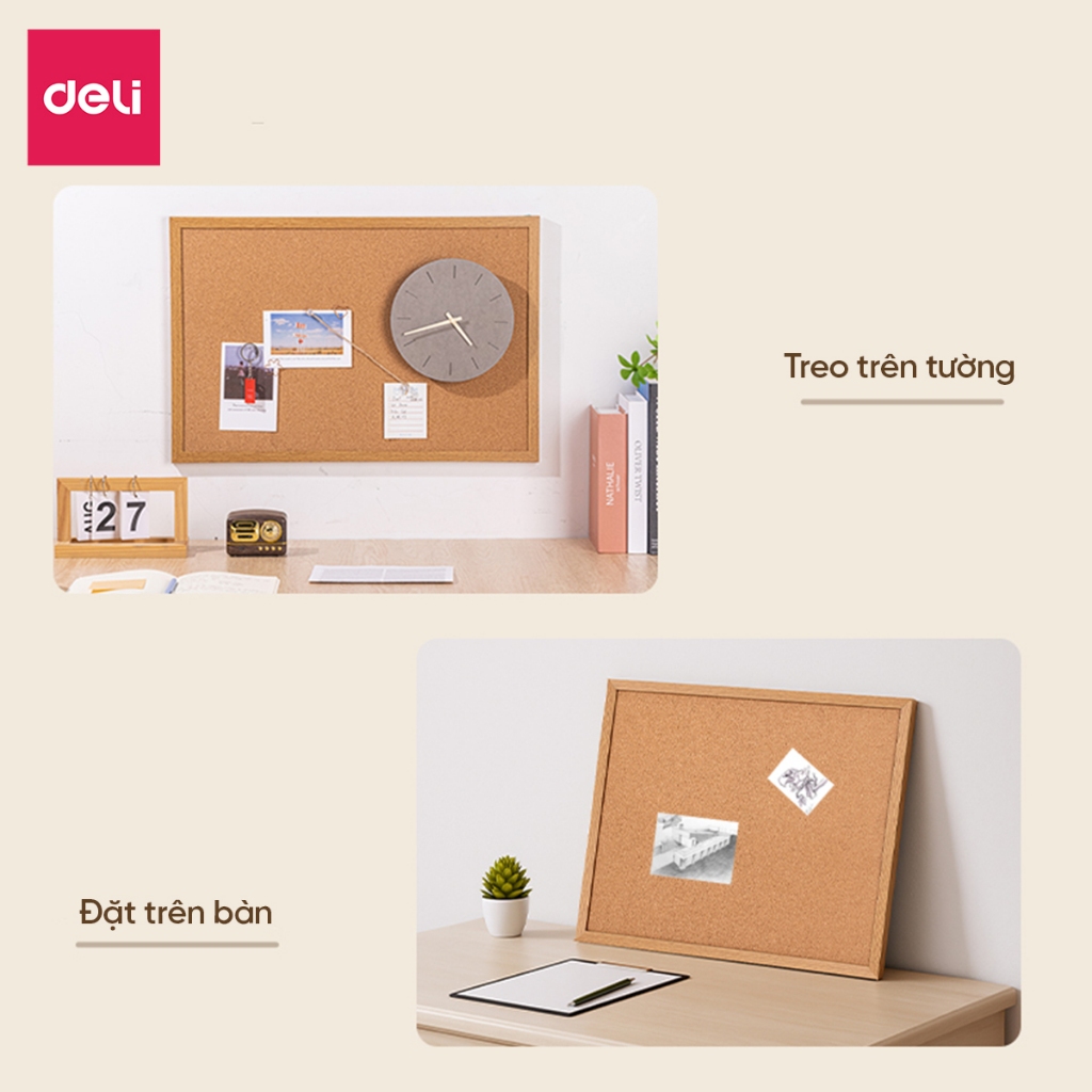 Bảng Ghim Gỗ Bần Tặng Kèm Phụ Kiện Deli Bảng Tin Lớp Học Văn Phòng Treo Ảnh Decor Tường Đa Năng Nhiều Kích Thước