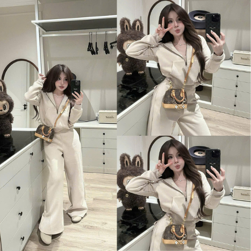 ZIMM STORE -Set đồ nữ áo cổ vest phối quần suông ống rộng