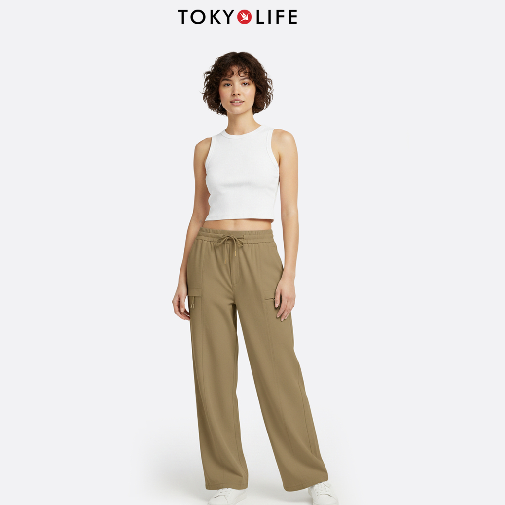 Quần Cargo Nữ Form Ống Suông Vải Sichun Lưng Thun Dây Rút Túi Kéo Khóa 40002390 - TOKYOLIFE