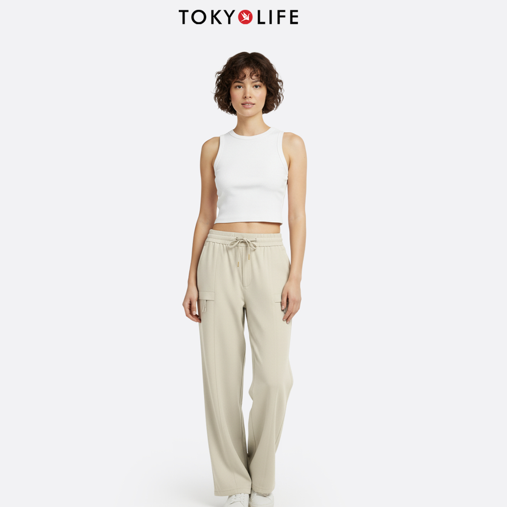 Quần Cargo Nữ Form Ống Suông Vải Sichun Lưng Thun Dây Rút Túi Kéo Khóa 40002390 - TOKYOLIFE