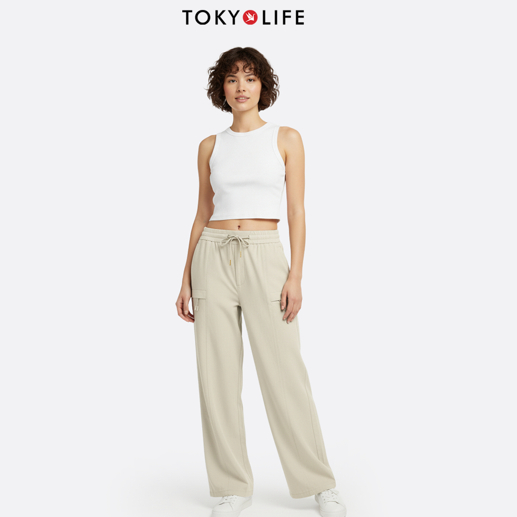 Quần Cargo Nữ Form Ống Suông Vải Sichun Lưng Thun Dây Rút Túi Kéo Khóa 40002390 - TOKYOLIFE