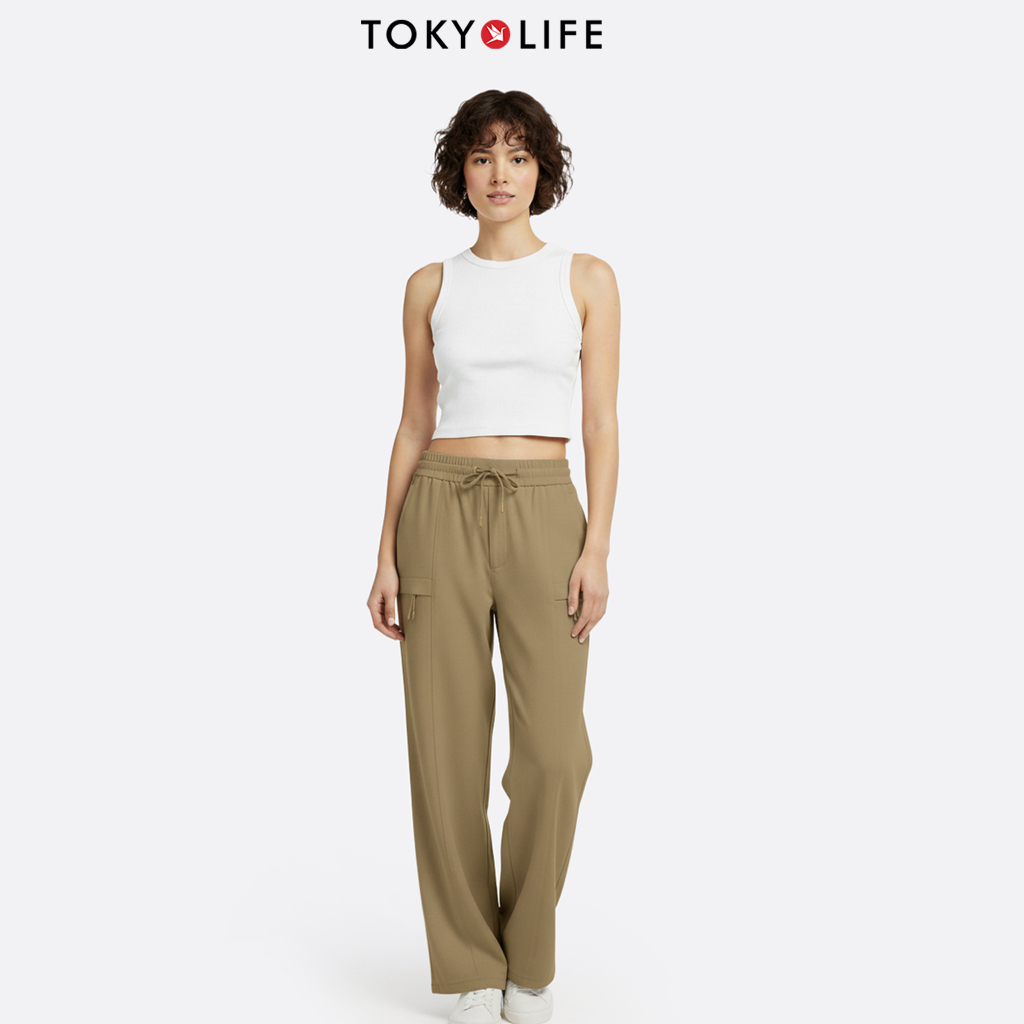 Quần Cargo Nữ Form Ống Suông Vải Sichun Lưng Thun Dây Rút Túi Kéo Khóa 40002390 - TOKYOLIFE