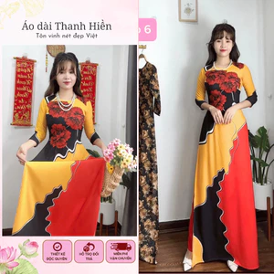 Áo dài nữ cách tân lụa nhật hoa đỏ phối màu vàng đen sang trọng Áo dài Thanh Hiền