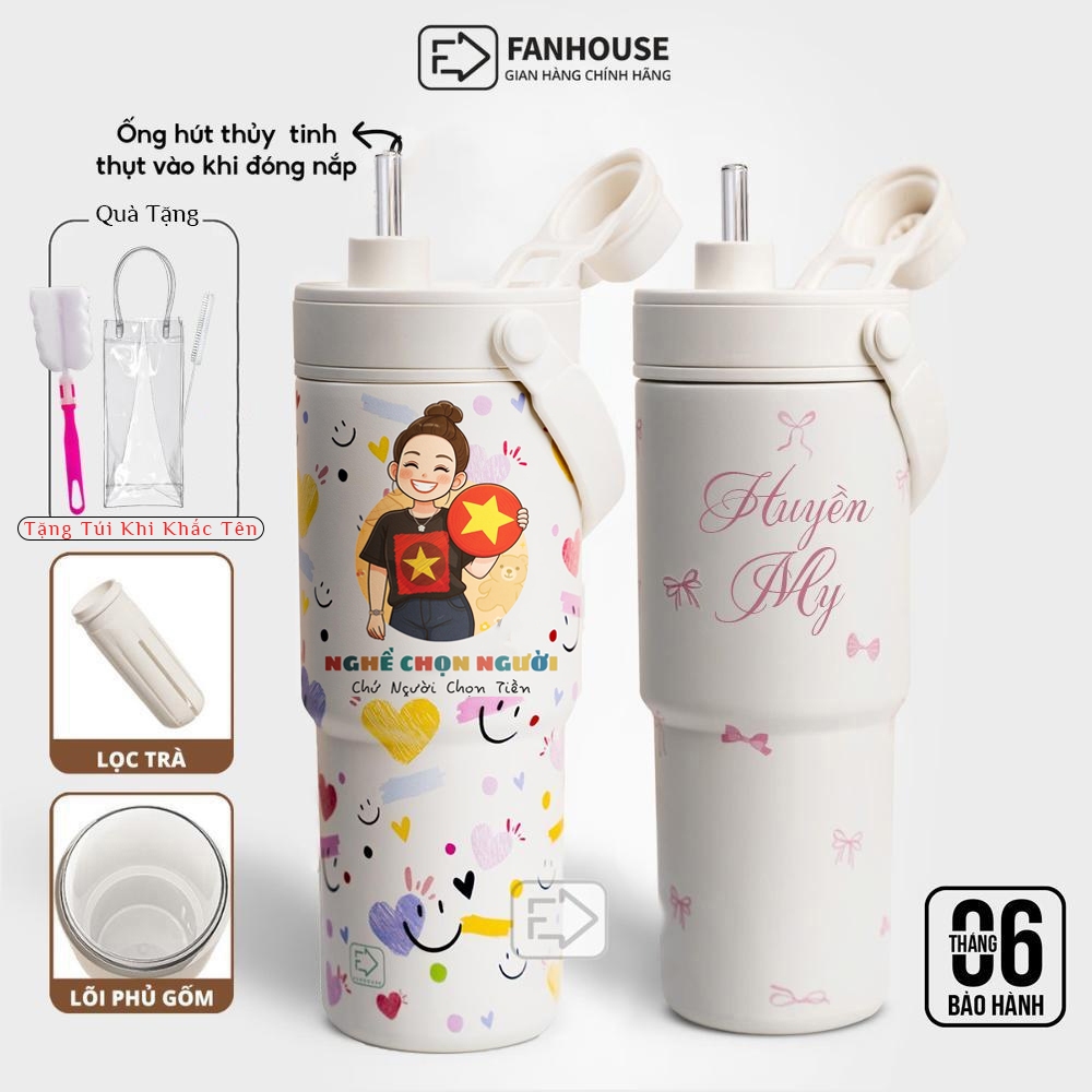 Ly giữ nhiệt Simply Inox 316 cao cấp 735ml lõi phủ sứ cốc giữ nhiệt Fan House có ống hút, quai xách
