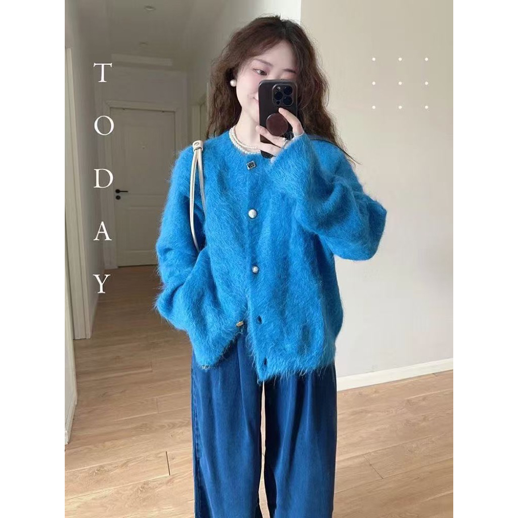 [ẢNH THẬT]-Áo Khoác Len Lông LOẠI 1 Mềm Mịn Màu Xanh Blue, Cúc Đồng Vintage – Form Rộng Thoải Mái, Size S-2XL
