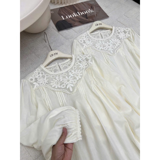 Áo sơ mi thô babydoll dài tay cổ pha ren hoa #3068
