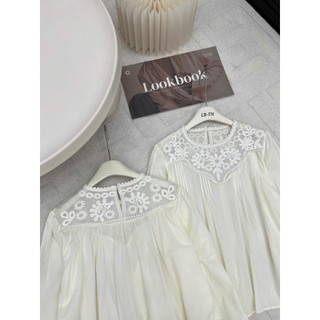 Áo sơ mi thô babydoll dài tay cổ pha ren hoa #3068