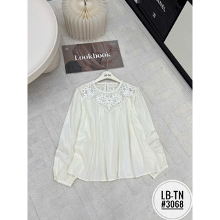 Áo sơ mi thô babydoll dài tay cổ pha ren hoa #3068