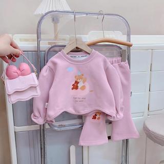 Quần áo trẻ em, Bộ nỉ thu đông bé gái màu hồng tím họa tiết gấu dễ thương 9-26kg S2059 | Tiểu Yến KIDS