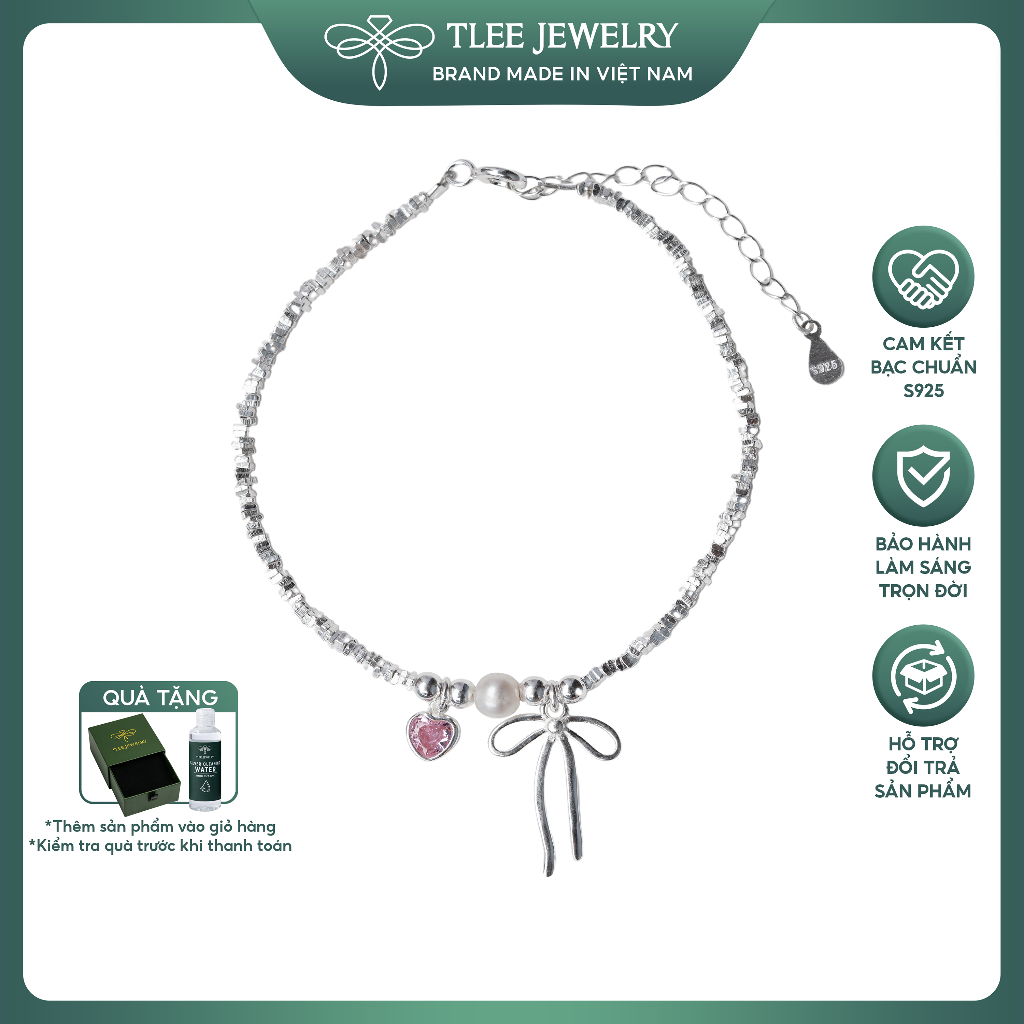 Lắc tay bạc nữ TLEE hạt bạc vỡ treo Charm nơ thắt và trái tim đá hồng điểm trai nước ngọt tự nhiên TLEE JEWELRY LT0212