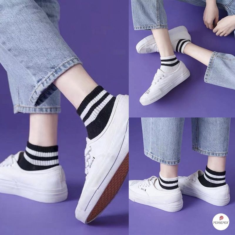 Tất Vớ Nam Nữ Cổ Ngắn Phong Cách Hàn Quốc 2 Sọc Ngang Co Dãn, Vớ Nam Nữ Cổ Thấp T&T Unisex