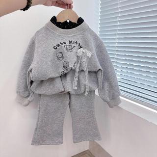 Quần áo trẻ em, Bộ nỉ thu đông bé gái mèo xám cho bé 9-26kg S2054 | Tiểu Yến Kids
