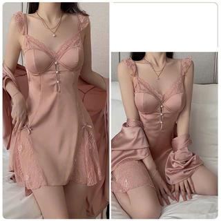 V22 Váy Ngủ Lụa Cho Nữ Phối Ren Mềm Mại Kèm Đệm Lót Chất Lụa Cao Cấp