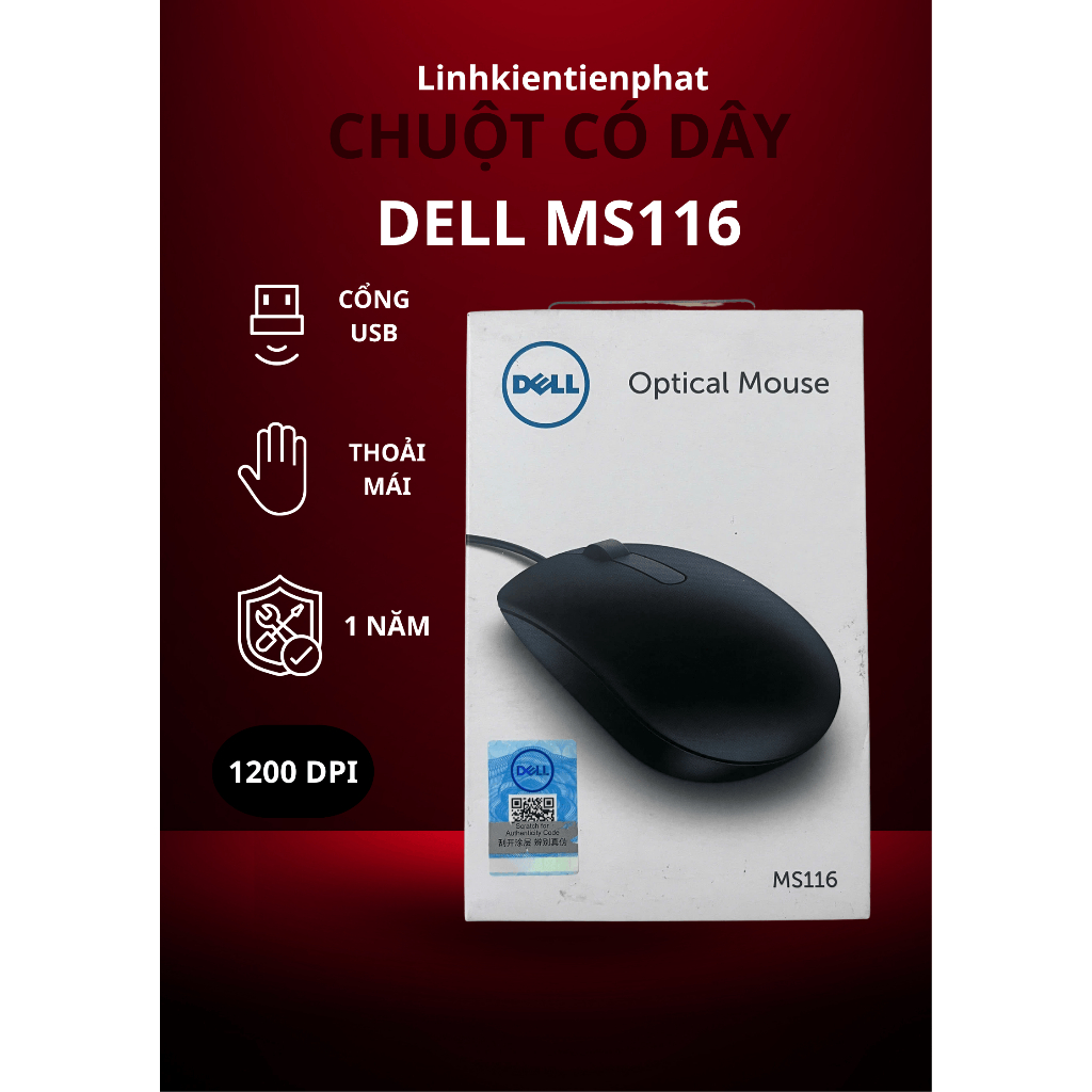 Chuột Máy Tính Dell MS116 (Đen) – Chính Hãng, Thiết Kế Chuẩn Mượt – Bảo Hành 12 Tháng