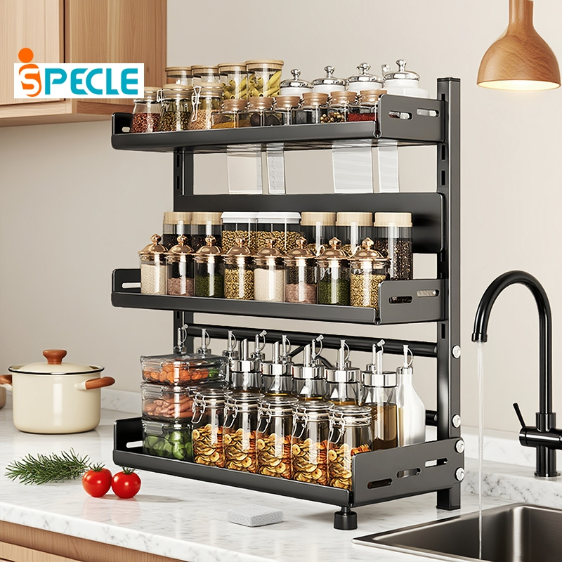 iSPECLE Kệ Gia Vị Nhà Bếp Đa Tầng - Thép Carbon Chống Gỉ Sét, Đựng Đầy Đủ Chai Lọ, Phân Tầng Rõ Ràng, Dễ Vệ Sinh