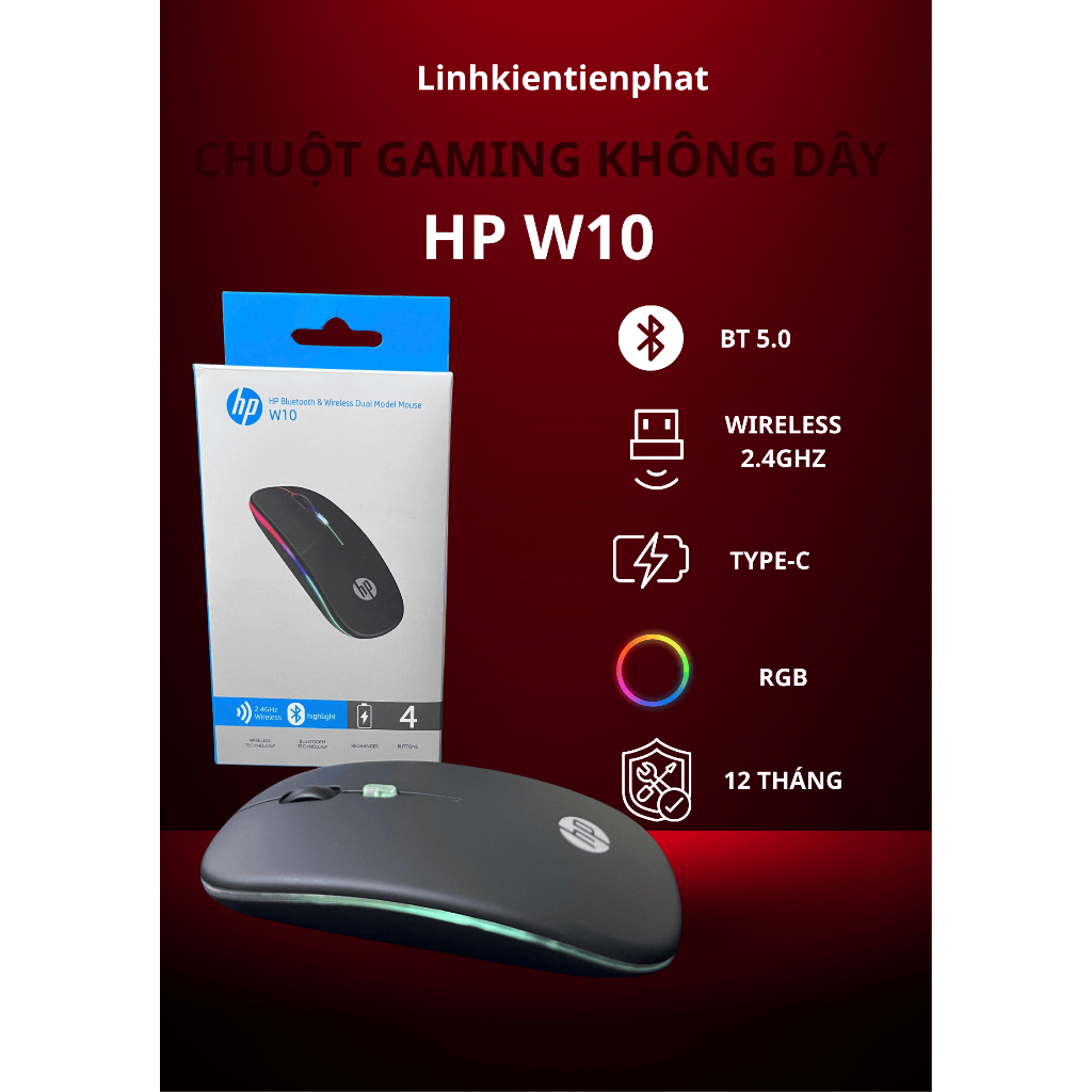 Chuột Không Dây HP W10 – Hai Chế Độ Kết Nối, Pin Sạc Tiện Lợi, Hiệu Suất Ổn Định
