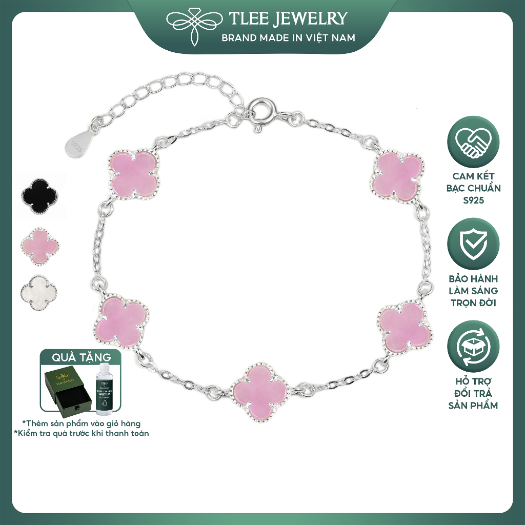 Lắc tay bạc nữ TLEE năm charm hoa cỏ bốn lá đơn sắc sang trọng đá 8mm TLEE JEWELRY LT0475