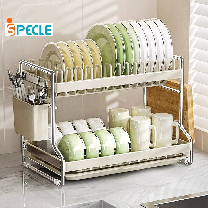 iSPECLE Kệ Để Bát Đĩa 2 Tầng Thông Minh - Thép Carbon Chống Rỉ, Có Khay Thoát Nước & Giá Đũa, Thìa, Thớt