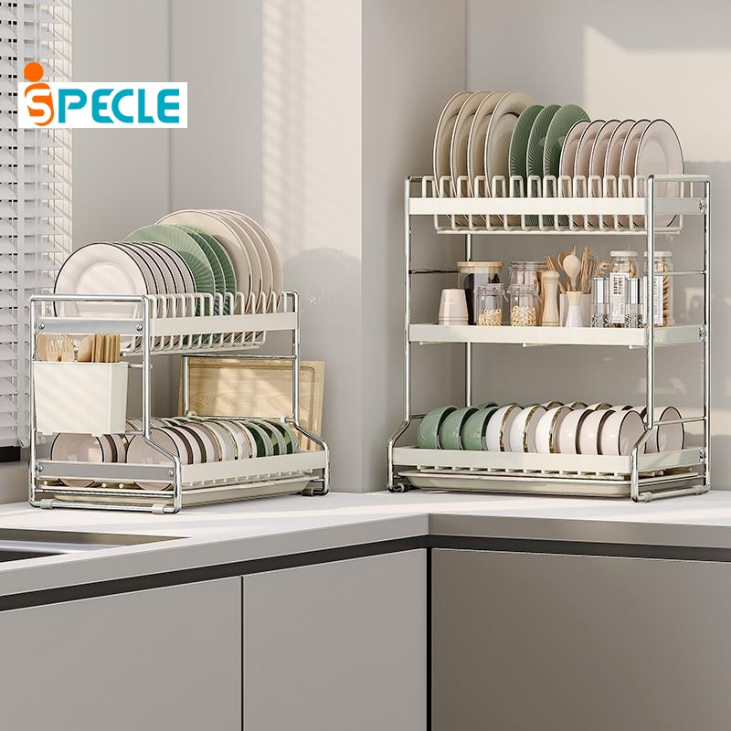iSPECLE Kệ Để Bát Đĩa 2 Tầng Thông Minh - Thép Carbon Chống Rỉ, Có Khay Thoát Nước & Giá Đũa, Thìa, Thớt