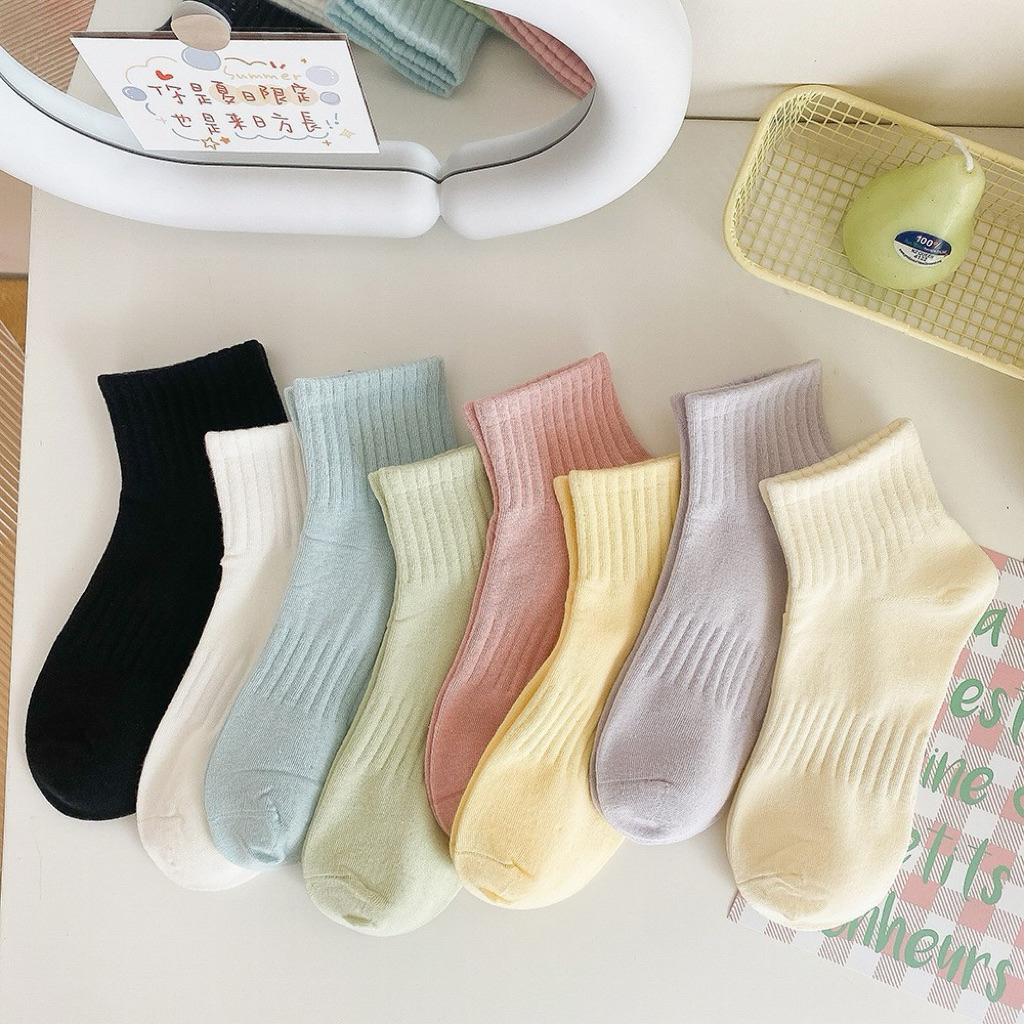 Tất Vớ Cổ Trung Lửng Màu Trơn Pastel Rằn To Dày Cotton Co Giãn Phong Cách Hàn Quốc
