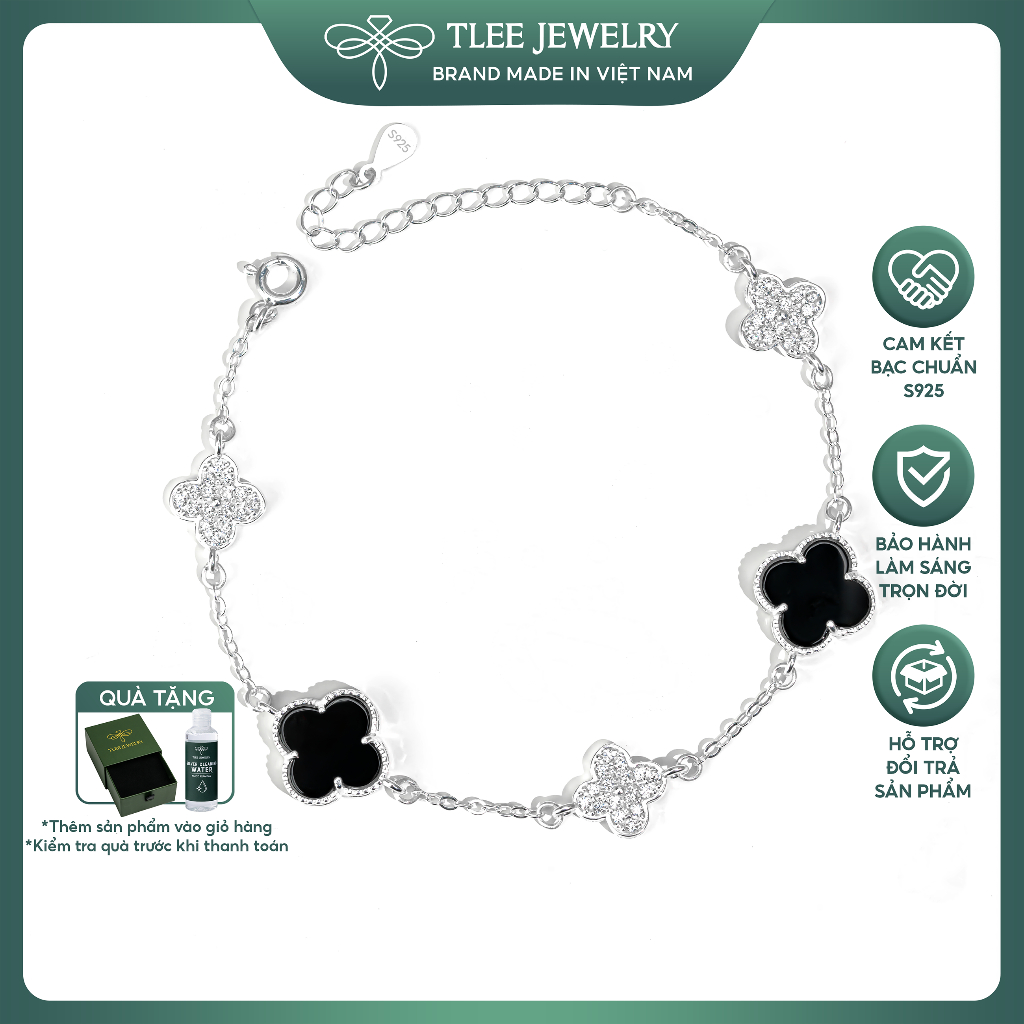 Lắc tay bạc nữ TLEE năm charm hoa cỏ bốn lá đa sắc sang trọng đá 10mm TLEEJEWELRY LT0408