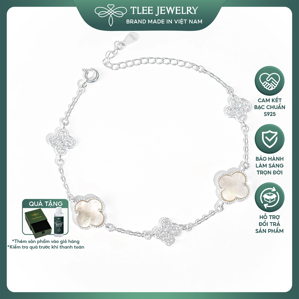Lắc tay bạc nữ TLEE năm charm hoa cỏ bốn lá đa sắc sang trọng đá 10mm TLEEJEWELRY LT0408