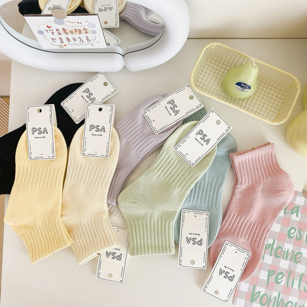 Tất Vớ Cổ Trung Lửng Màu Trơn Pastel Rằn To Dày Cotton Co Giãn Phong Cách Hàn Quốc