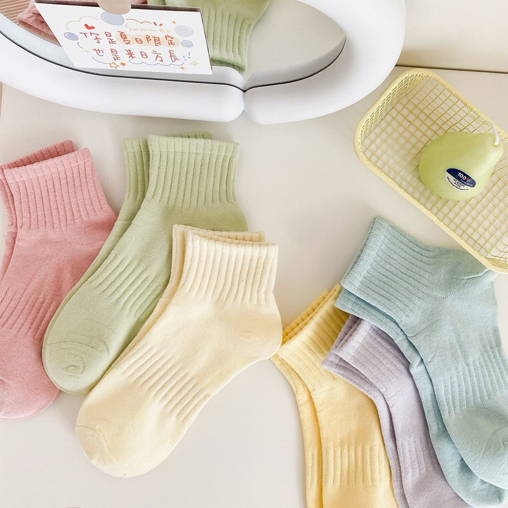 Tất Vớ Cổ Trung Lửng Màu Trơn Pastel Rằn To Dày Cotton Co Giãn Phong Cách Hàn Quốc