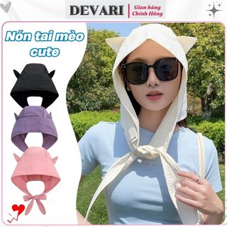 Mũ trùm đầu tai mèo buộc nơ che nắng vải dù thoáng khí mát mẻ họa tiết xinh xắn đáng yêu DEVARI N969