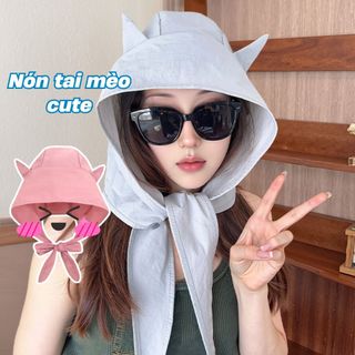 Mũ trùm đầu tai mèo buộc nơ che nắng vải dù thoáng khí mát mẻ họa tiết xinh xắn đáng yêu DEVARI N969