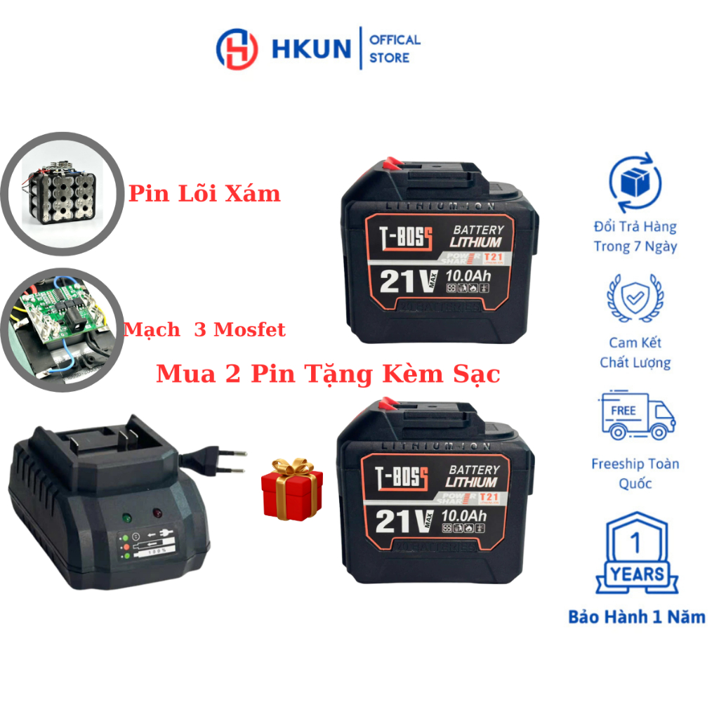 (Combo 2Pin 20Cell T-BOSS Tặng 1Sạc)Pin 20Cell Lõi Xám Mạch 3mosfet Có Đèn Báo Dung Lượng Pin Chân Pin Phổ Thông m21-4cm