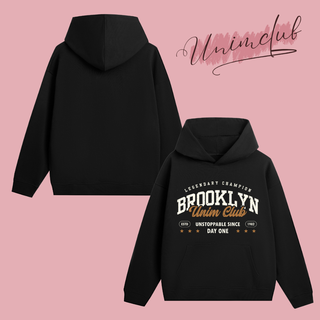 Áo Hoodie Nỉ Chân Cua Boxy Brooklyn Unim Áo Nỉ Chui Đầu Có Mũ Bản To Hình In Cao Cấp Chống Bong Nứt