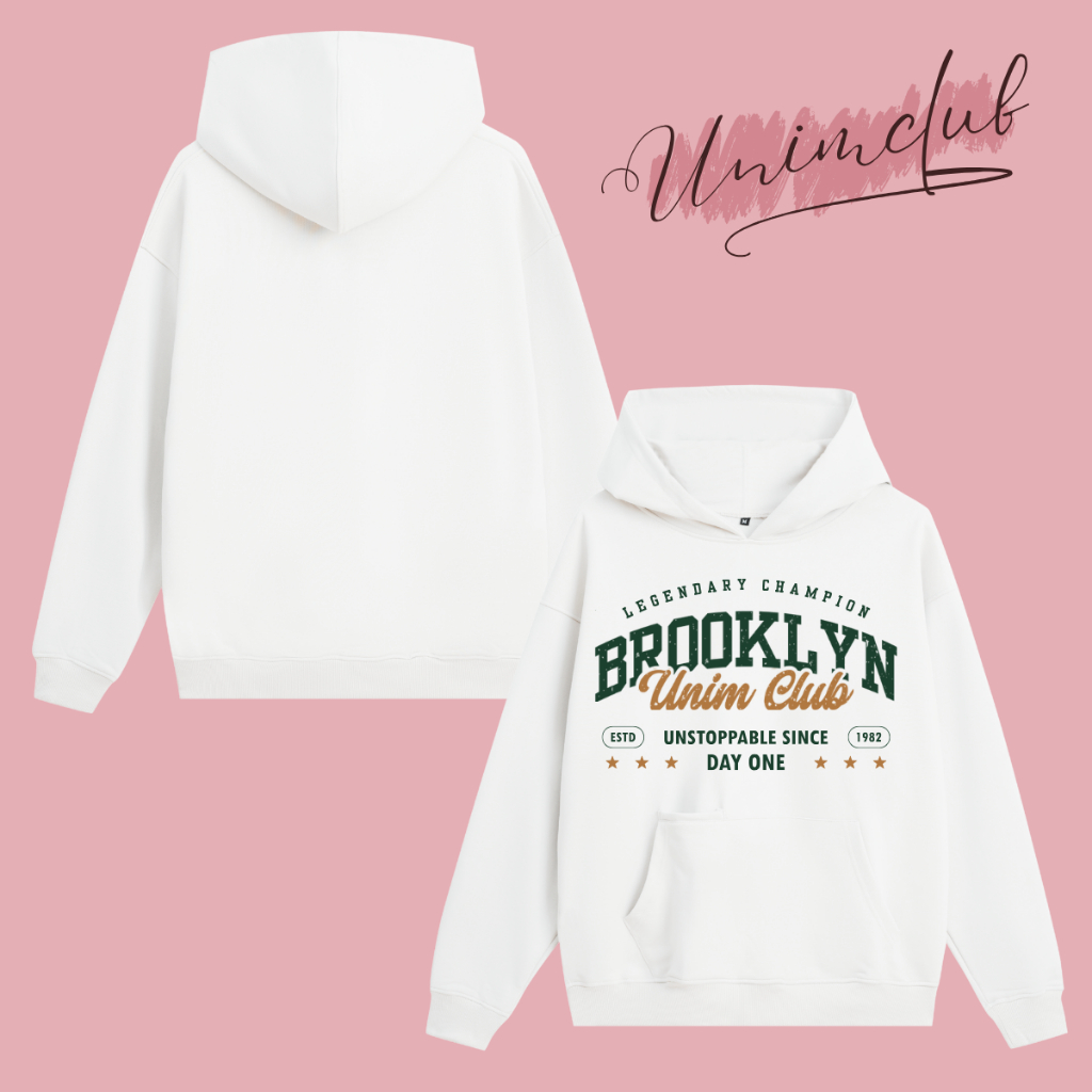 Áo Hoodie Nỉ Chân Cua Boxy Brooklyn Unim Áo Nỉ Chui Đầu Có Mũ Bản To Hình In Cao Cấp Chống Bong Nứt
