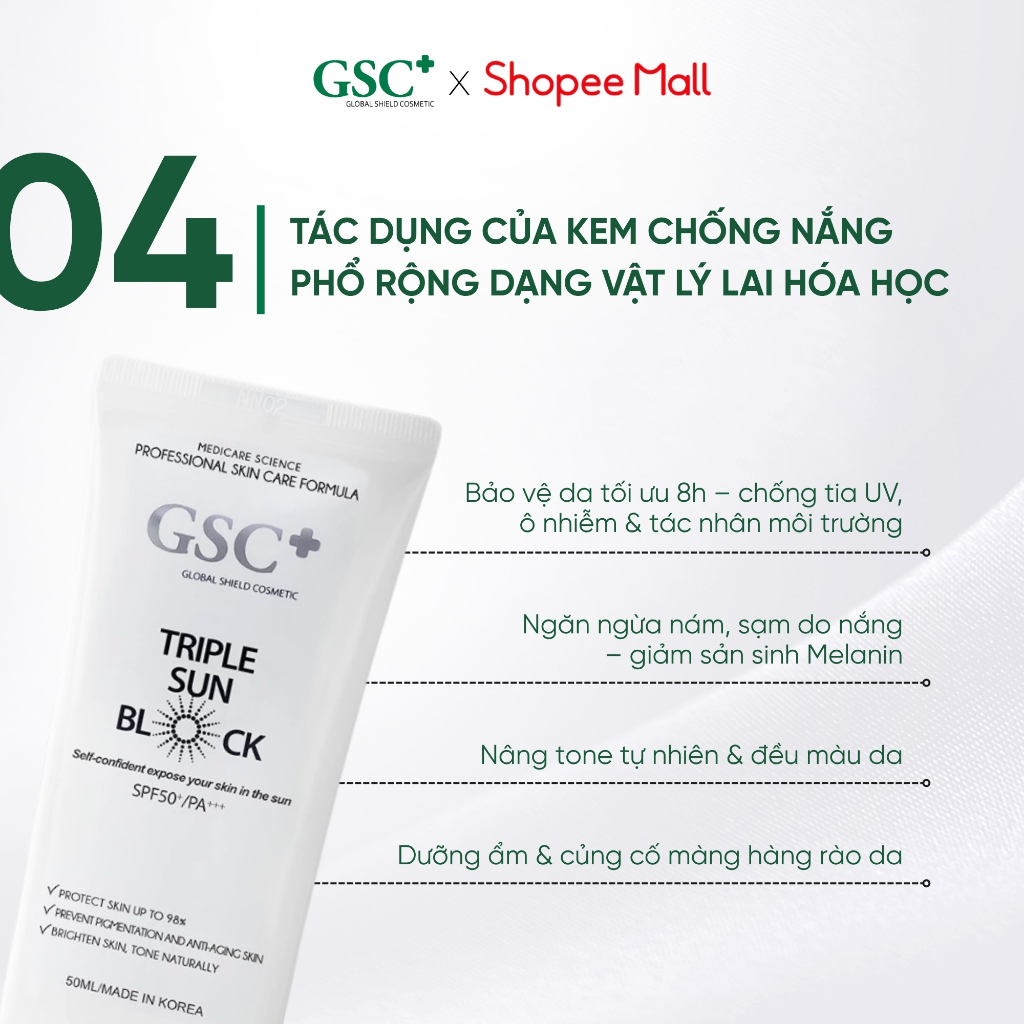 Kem Chống Nắng Nâng Tone Hàn Quốc GSC SPF 50+ / PA+++ - Phổ Rộng Dạng Vật Lý Lai Hóa Học Triple Sun Block 50ml - GC030A