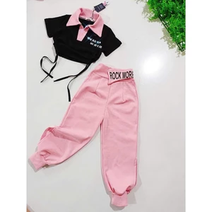 Set đồ bé gái thể thao cá tính áo croptop cổ bẻ phối quần dài hồng năng động, cho bé gái và mẹ yêu từ 13-56kg