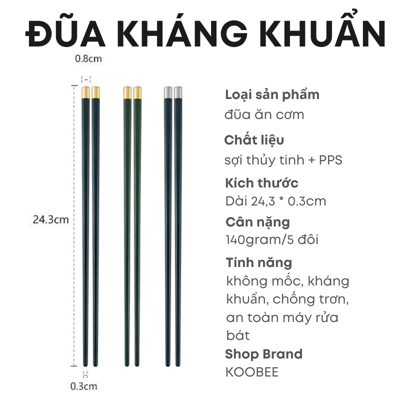 Bộ 5 đôi đũa ăn cơm không mốc xanh Bắc Âu thân tròn mạ vàng KOOBEE chất liệu sợi thủy tinh chịu nhiệt chống trơn | 056