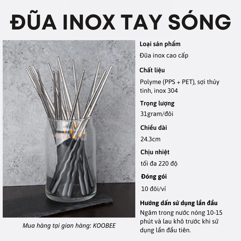 Set 10 đôi đũa Inox 304 không gỉ tay cầm sáng tạo chất liệu kháng khuẩn chống trơn chịu nhiệt cao cấp KOOBEE (BA22)
