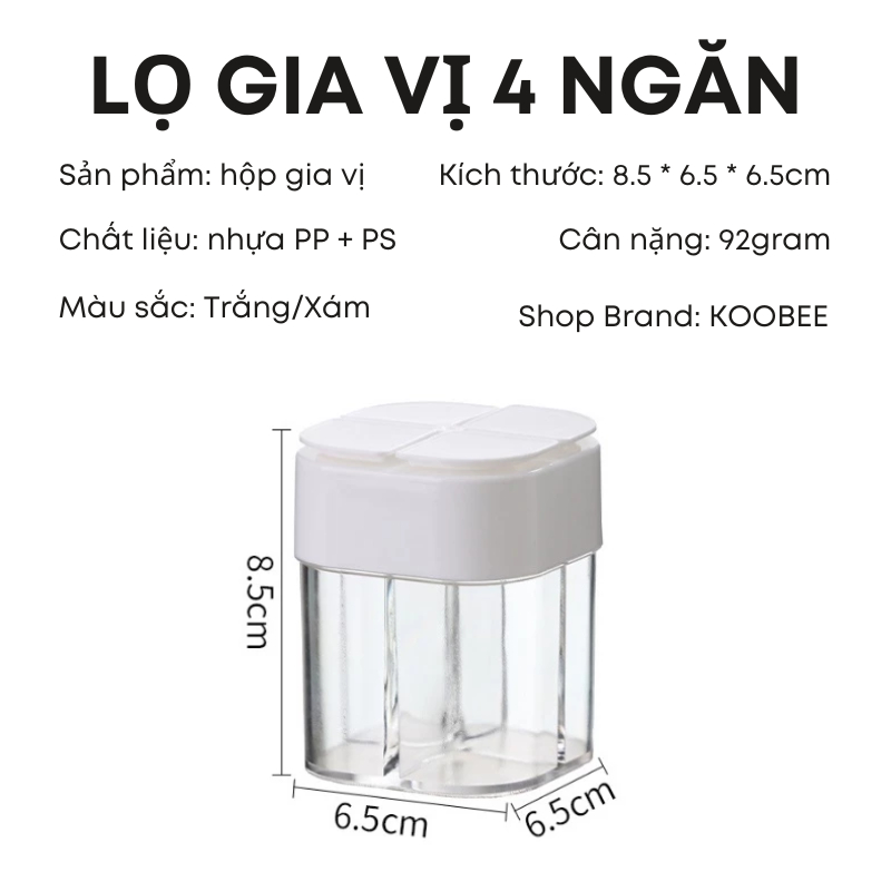 Hũ Gia Vị 4 Ngăn Có Lỗ Rắc KOOBEE – Nhựa Trong Suốt Cao Cấp, Gọn Gàng, Dễ Lấy Gia Vị (NB45)