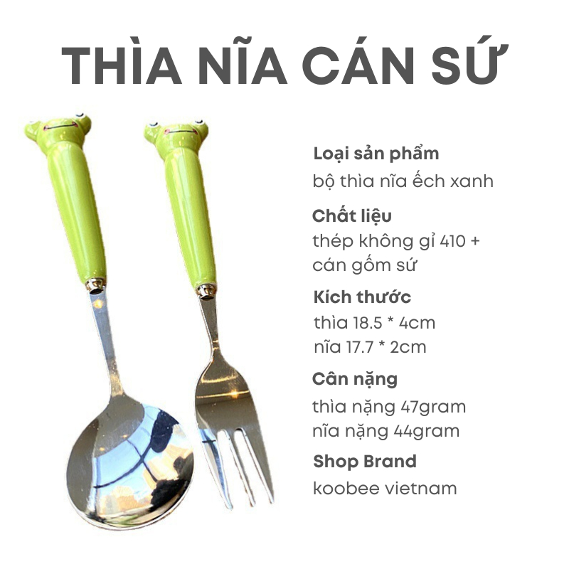 Bộ Thìa Nĩa Inox Cán Sứ Ếch Vô Tri Dùng Cho Cá Nhân, Trẻ Em - Bộ Đồ Ăn Di Động Văn Phòng, Sinh Viên Làm Quà Tặng | 078
