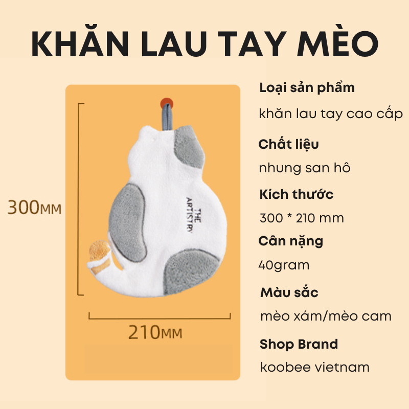 Khăn Lau Tay Có Móc Treo Hình Mèo Vải Nhung San Hô KOOBEE Size Lớn Siêu Thấm Hút Nhanh Khô Cho Nhà Bếp, Nhà Tắm | 096