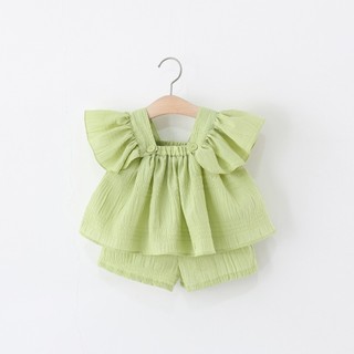 Bộ bé gái màu trơn quần ngắn phom babydoll rộng rãi hàng QC D1227 Bí Ngô Nhỏ