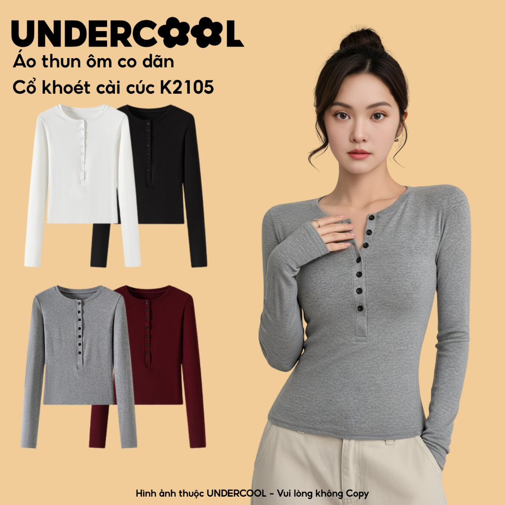 Áo thun nữ dài tay cổ khuy khoét UNDERCOOL Vải cotton co dãn mềm mại, phong cách Hàn Quốc K2105